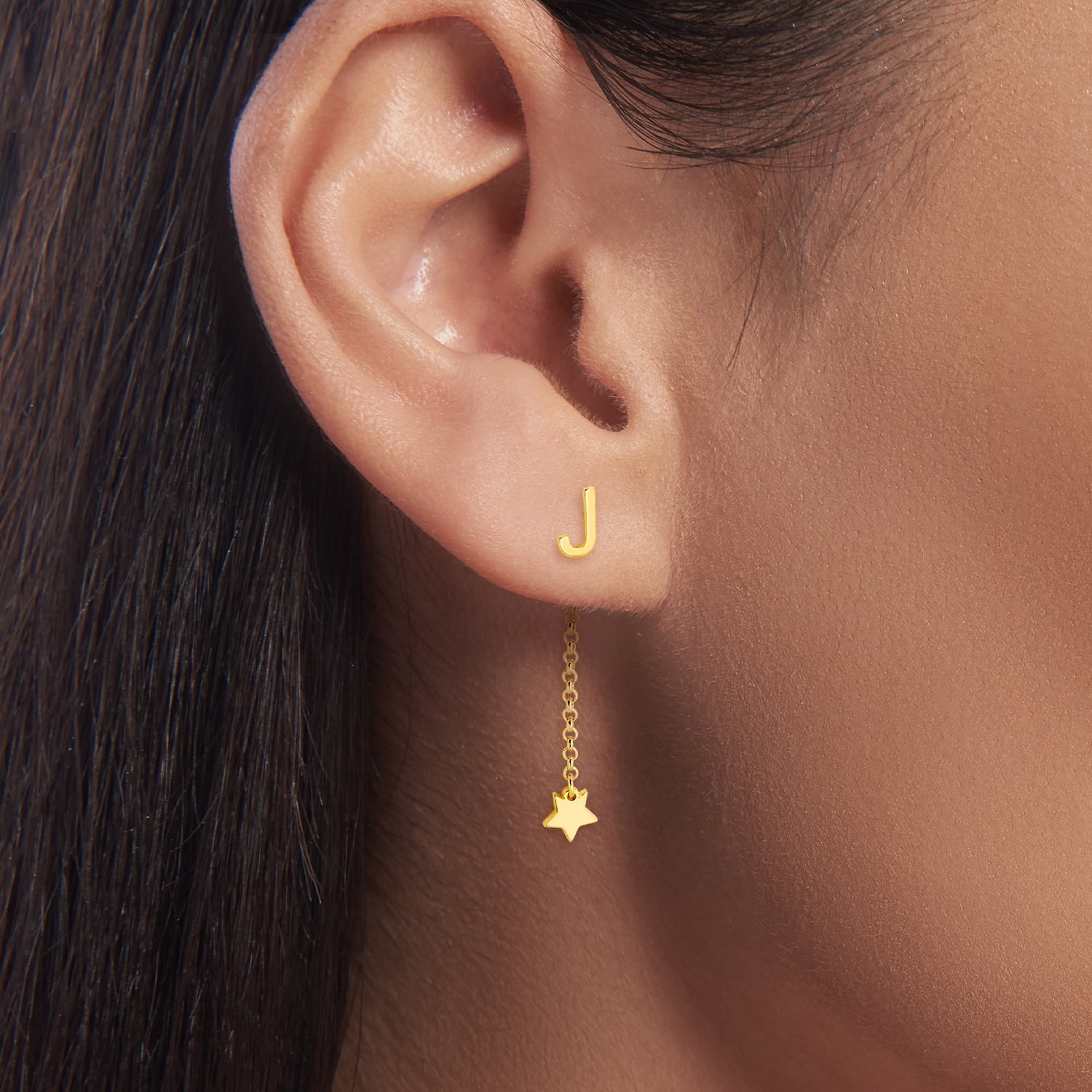Personalized Planet Women's Initial Earring with Star Dangle Button Drop Earrings
