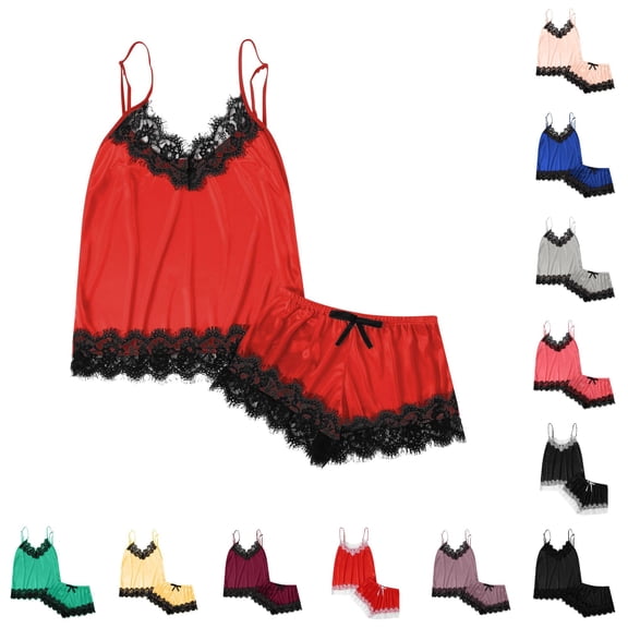 RMGVDSD Silk Satin Pajamas Set for Women 2Pcs V-Neck Solid Color Sleepwear Lace Sleeveless Camisole Top and Shorts Loungewear Pajama Sets