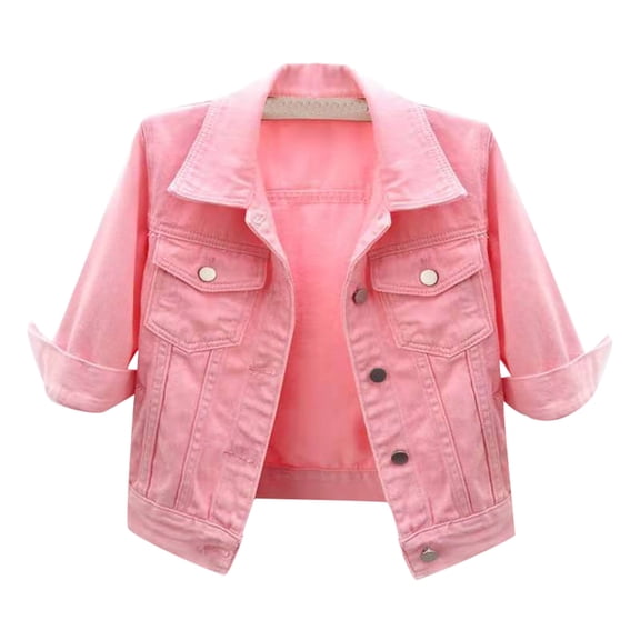 IYYVV Jean Jacket Women Fashion 3/4 Sleeve Lapel Button Down Cropped Denim Jackets Casual Plus Size Comfy Cute Coats with Pockets Pink 3XL