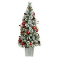 thumbnail image 3 of Nearly Natural 4ft. Winter Flocked Artificial Christmas Tree Pre-Lit with 50 LED Lights and Ornaments in Decorative Planter, 3 of 10