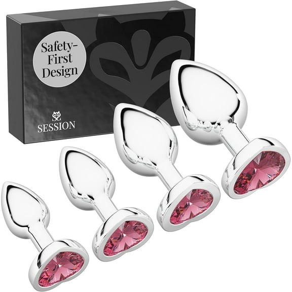 Session Butt Plugs, 4-Piece Training Set, Anal Plug Toys, Stainless Steel Jewel Charm, Silver & Pink, Heart Shape
