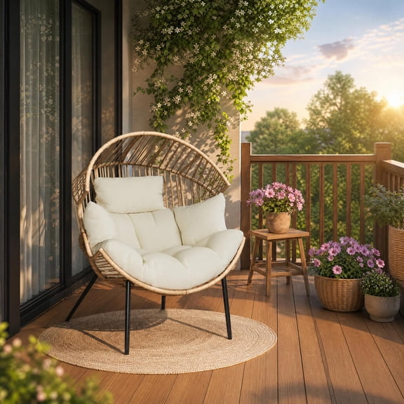 Outdoor Wicker Egg Chair, with Extra-Soft Pillow and Thick Cushion