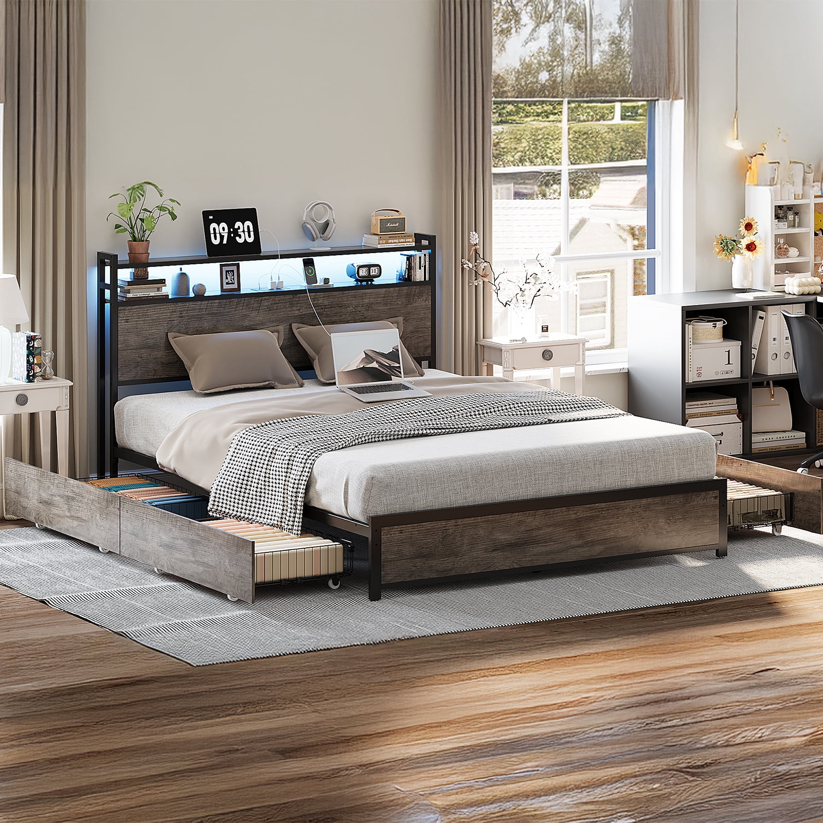 Zimtown King Bed Frame with 2-Tier Storage Headboard, Metal Platform Bed Frame with 4 Storage Drawers, Built in Charging Station & LED, Gray