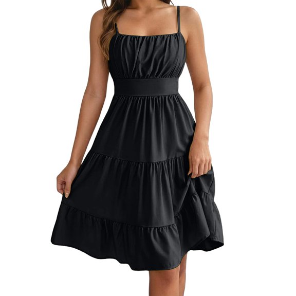 Womens Dresses Summer Women's Sleeveless Square Neck Tiered Ruffle Smocked Waist Casual Summer Dress Spaghetti Strap Sleeveless Mini Solid Black L
