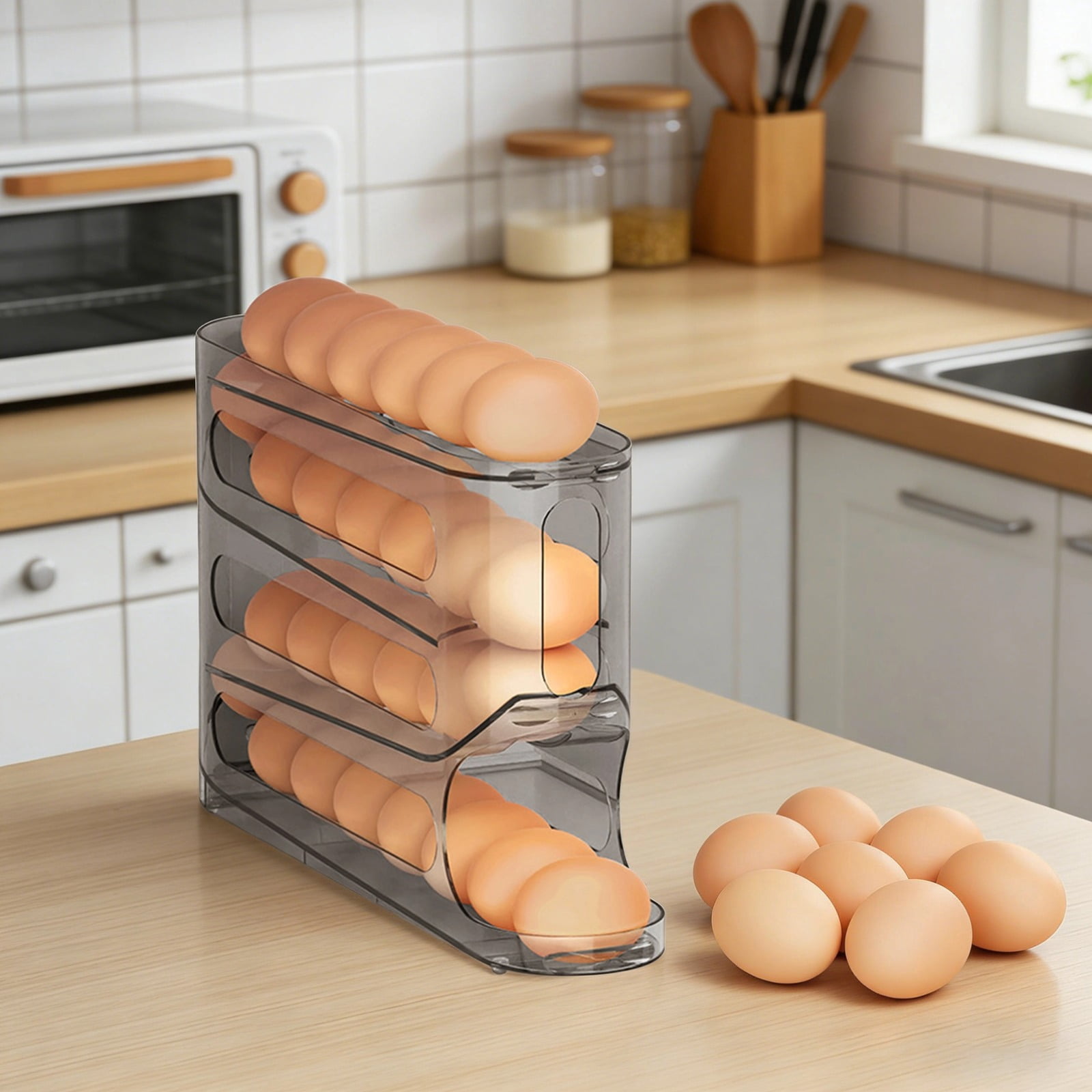 Rolling Egg Dispenser, Automatic Storage Organizer for 30 Eggs, Clear Holder, Space-Saving Stackable Design, Transparent Black Plastic Container for Fridge Side Door, 12.8 x 2.8 x 7.1 in