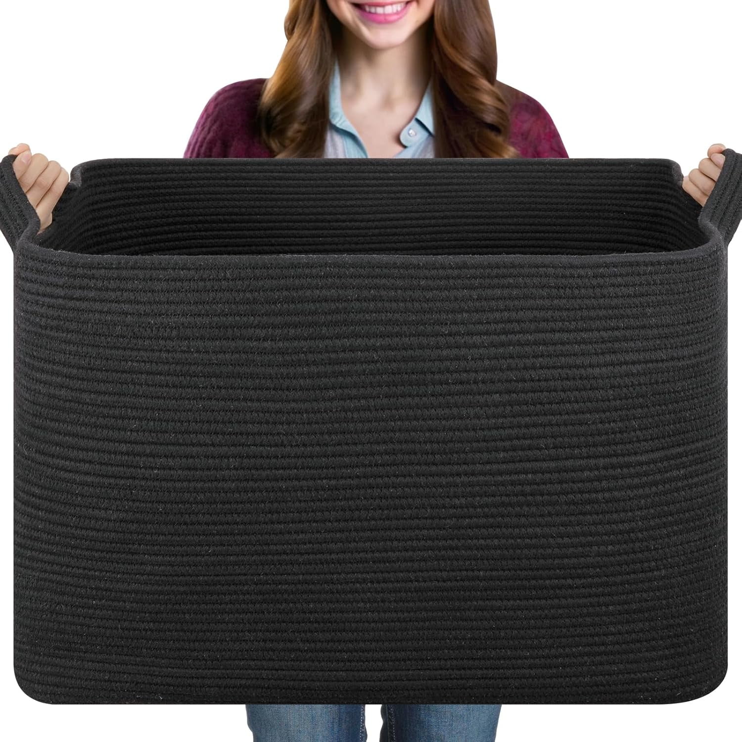 108L Extra Large Blanket Basket, 24.8" x 16.2" x 16.2" Rectangle Woven Storage Baskets for Living Room, Nursery, Bedroom, Toy Basket with Handle (Dark Grey)