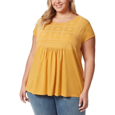 Gloria Vanderbilt Women's Top Embroidered Crewneck Short Sleeve Yellow Size XXL