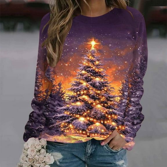 Womens Tops Plus Size Christmas Printed Round Neck Long Sleeve Capless Casual Loose Sweatshirt *Purple L