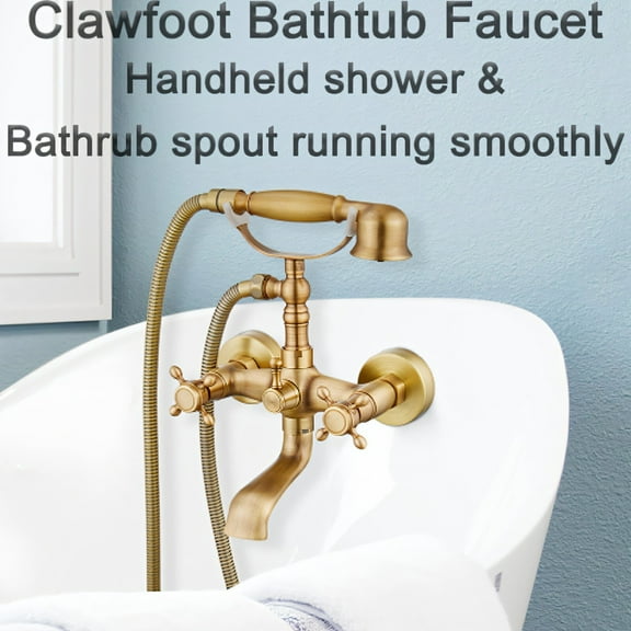 Antique Brass Clawfoot Tub Faucet Wall Mount Bathtub Filler Faucet W/Hand Shower