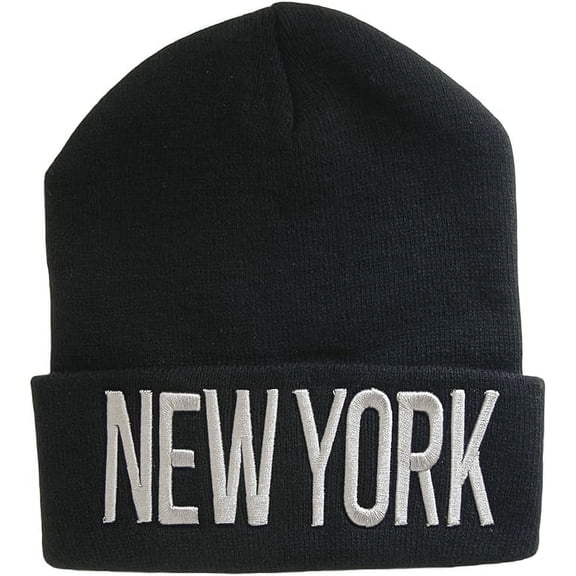 New York Adult Size Winter Knit Cuffed Beanie Hat (Black/Gray)
