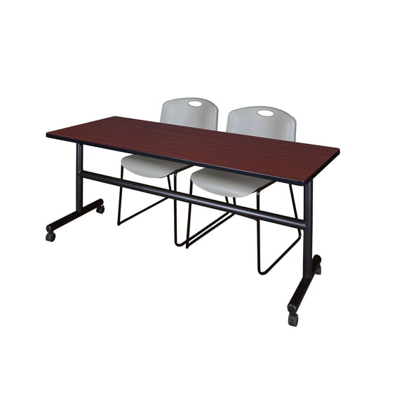 Regency Kobe 72 x 30 in. Flip-Top Training Nesting Table- Mahogany, 2 Zeng Stack Chairs- Grey