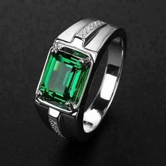 3Ct 14K White Gold Plated Emerald Cut Lab-Created Emerald Men's Wedding Ring