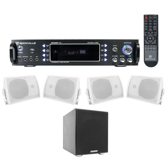 Rockville RPA60BT V2 Bundle: 1000W Bluetooth Receiver, (2) HP5S-8 Speaker Pairs, Rock Shaker 8 Subwoofer, 4-Items