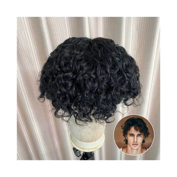Indian Remy Hair Curl Toupee for Men Breathable Mono Base with PU Around Hair System Units Black Water Wave Human Hair Male Hair Prosthesis