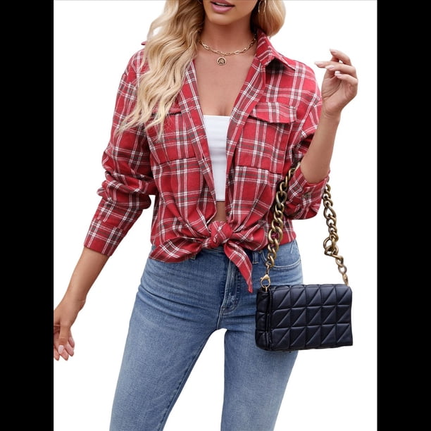 Camisas Clásicas de Franela A Cuadros con Botones para Mujer, Blusas Informales Extragrandes de Larga para Negocios. Rojo y XXL