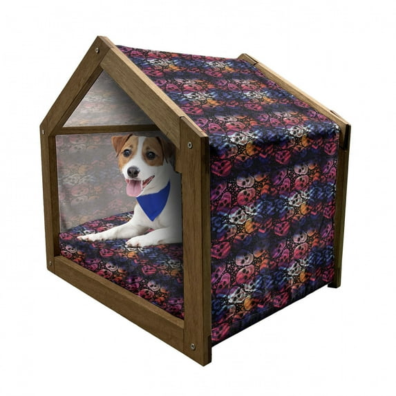 Halloween Pet House, Mexican Sugar Skulls Digital Polygonal Geometric All Saint Day Display, Outdoor & Indoor Portable Dog Kennel with Pillow and Cover, 5 Sizes, Multicolor, by Ambesonne