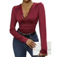 thumbnail image 1 of Women Deep V Neck Bodysuit Elegant Long Sleeves Bodycon Romper Lace Patchwork Solid Color Slim Fit Jumpsuits, 1 of 8