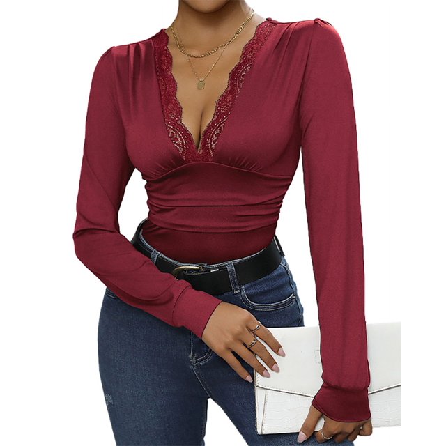 Women Deep V Neck Bodysuit Elegant Long Sleeves Bodycon Romper Lace Patchwork Solid Color Slim Fit Jumpsuits