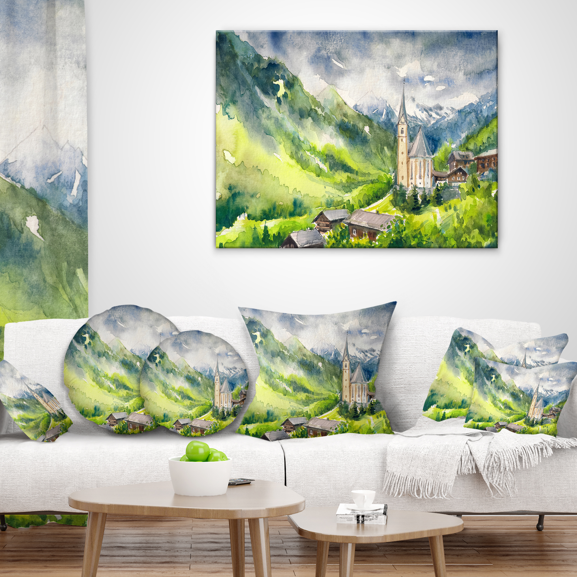 Designart Village Heiligenblut Watercolor - Landscape Painting Throw Pillow - 12x20