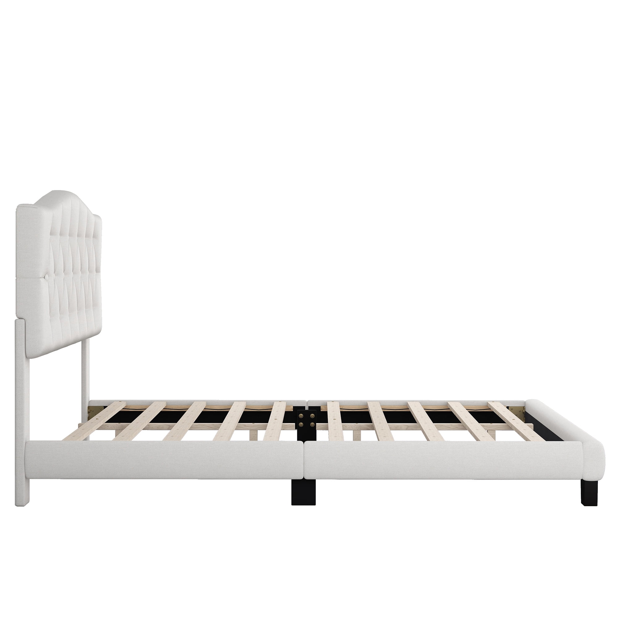 MAYEERTY King Upholstered Platform Bed Saddle Curved Headboard Diamond Tufted for Bedroom Beige