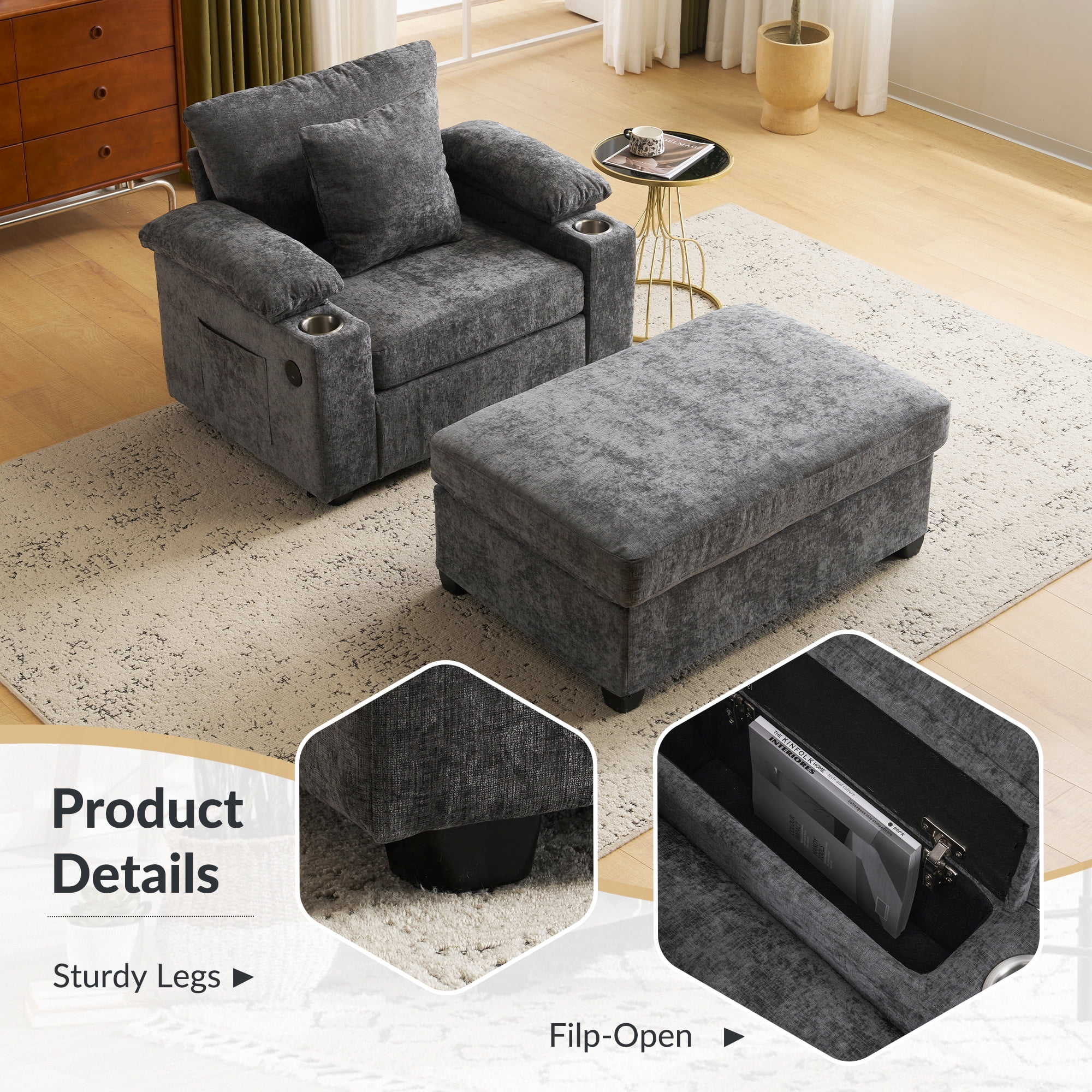 Aukfa 58" Chaise Lounge Oversized Sofa Chair with 2 Cup Holders&USB Ports, Chenille, Dark Gray