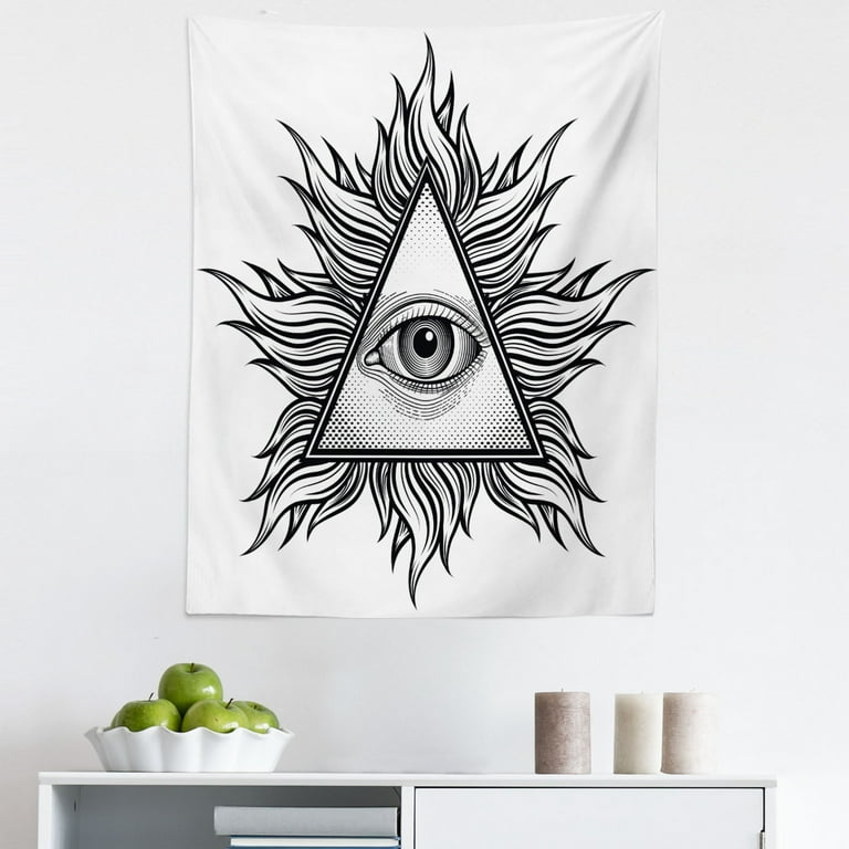 Eye Tapestry Triangle Shape with Wavy and All Seeing Eye Tattoo Style Masonic Fabric Wall Hanging Decor for Bedroom Living Room Dorm 5 Sizes White