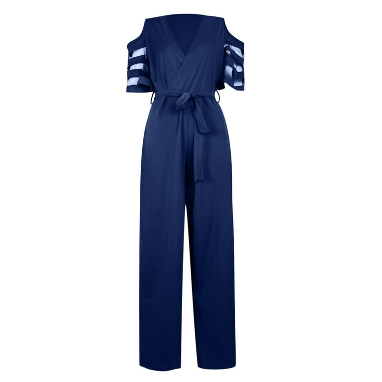Relaxed Fit Jumpsuit Overalls Carpenter for Women 2024 Rollbacks SMihono  Comfy Women's Fashion Casual Solid Color Mesh Short Sleeve Wide Leg  Trousers Jumpsuit Dark Blue 4 