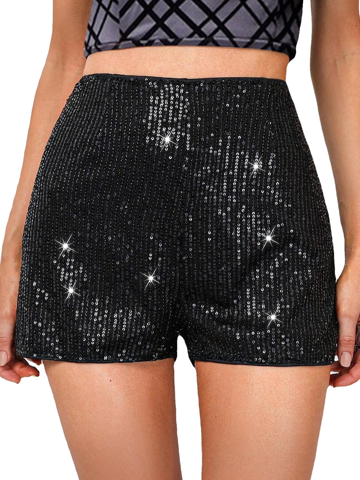 Wassery Women Sexy Sequins Shorts Mid Waist Elastic Sparkly Pull On