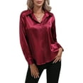 thumbnail image 3 of Frontwalk Ladies Tunic Tops Long Sleeve Blouse Lapel Shirts Women Satin Shirt Button Down Claret 2XL, 3 of 5