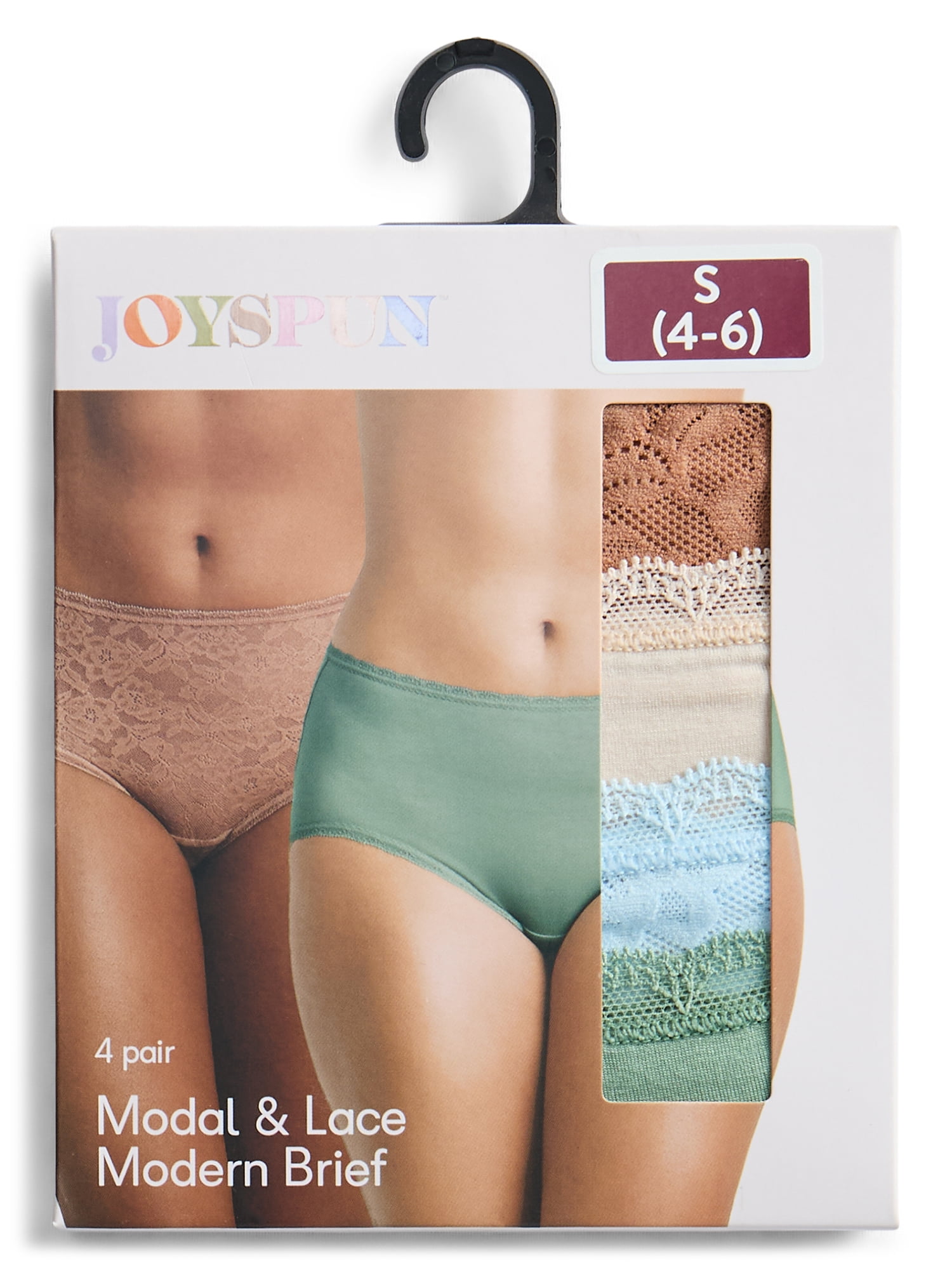 Joyspun Women's Soft Touch Lace Brief Panties, 4-Pack, Sizes XS-3XL