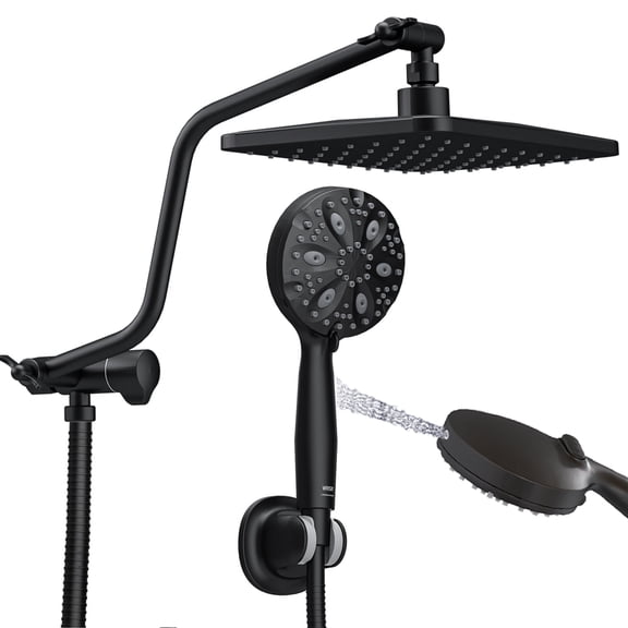 ROSYNEY 10 Inch Rain Shower Head with Handheld Spray, 7-Function Handheld Showerhead, Adjustable Metal Shower Extension Arm, Stainless Steel Hose, Matte Black