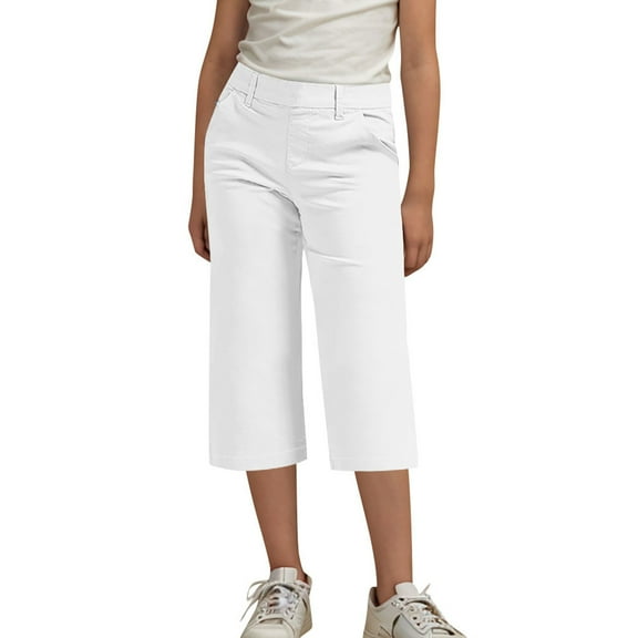 KyCheLot Girls Pants Capris School Uniform High Waist Back Elastic Straight Leg Crop Suit Pants with Pockets 4-14Years