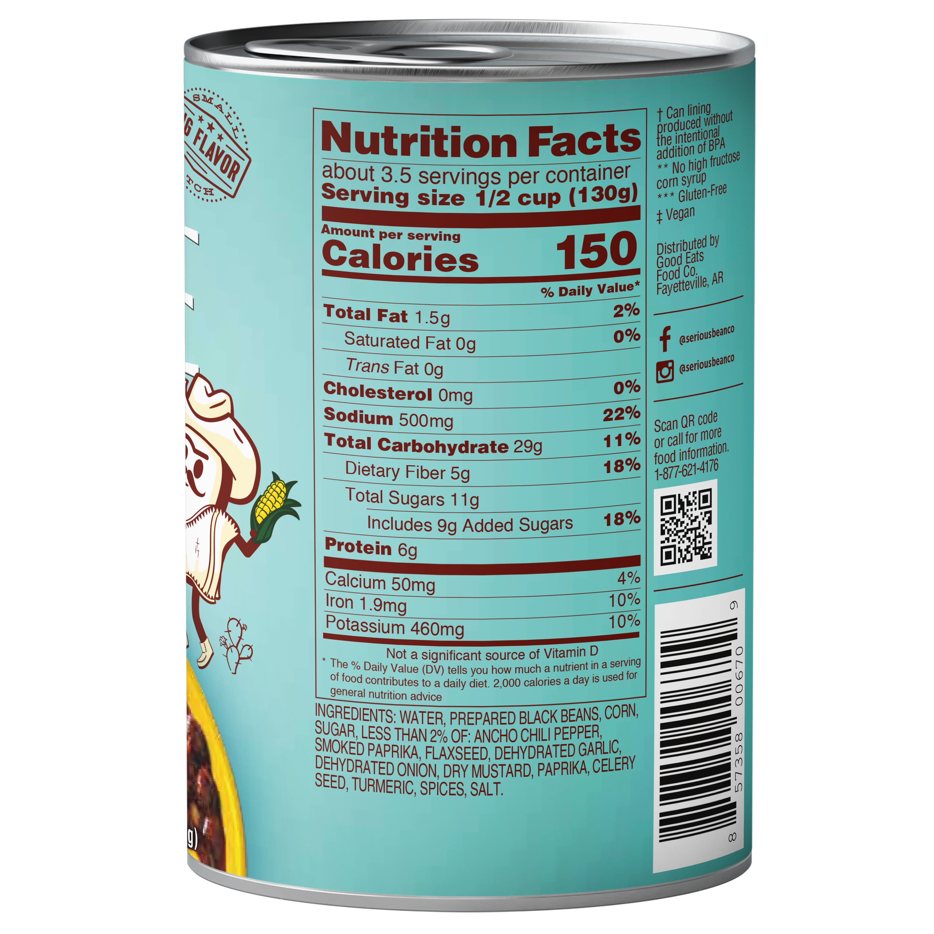 SERIOUS Bean Co Southwest Smokehouse Black Beans, 4-pack of 15.5 Oz Cans