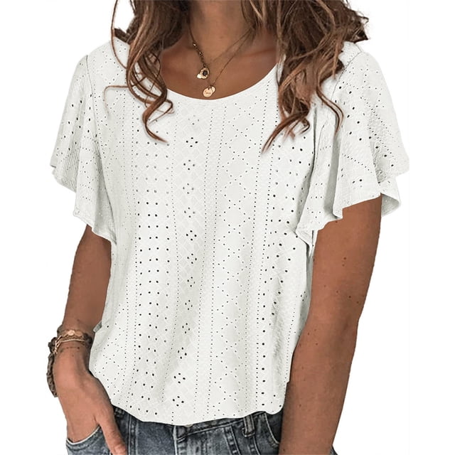 Qarigey Camiseta de mujer con volantes de Color sólido cuello lindo pulóver blusa trabajo nocturno viaje básico verano moda Top ropa Prendas para la parte del cuerpo Blanco L Qarigey AP011064-28