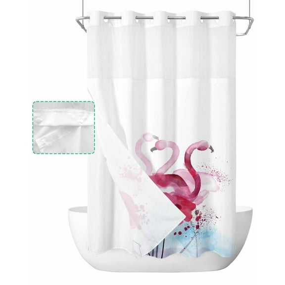 No Hook Shower Curtain with Snap in Liner, Pink Watercolor Flamingo Hotel Shower Curtains for Bathroom, Washable Shower Curtain Liner Set with Mesh Top Window, 36"x72"
