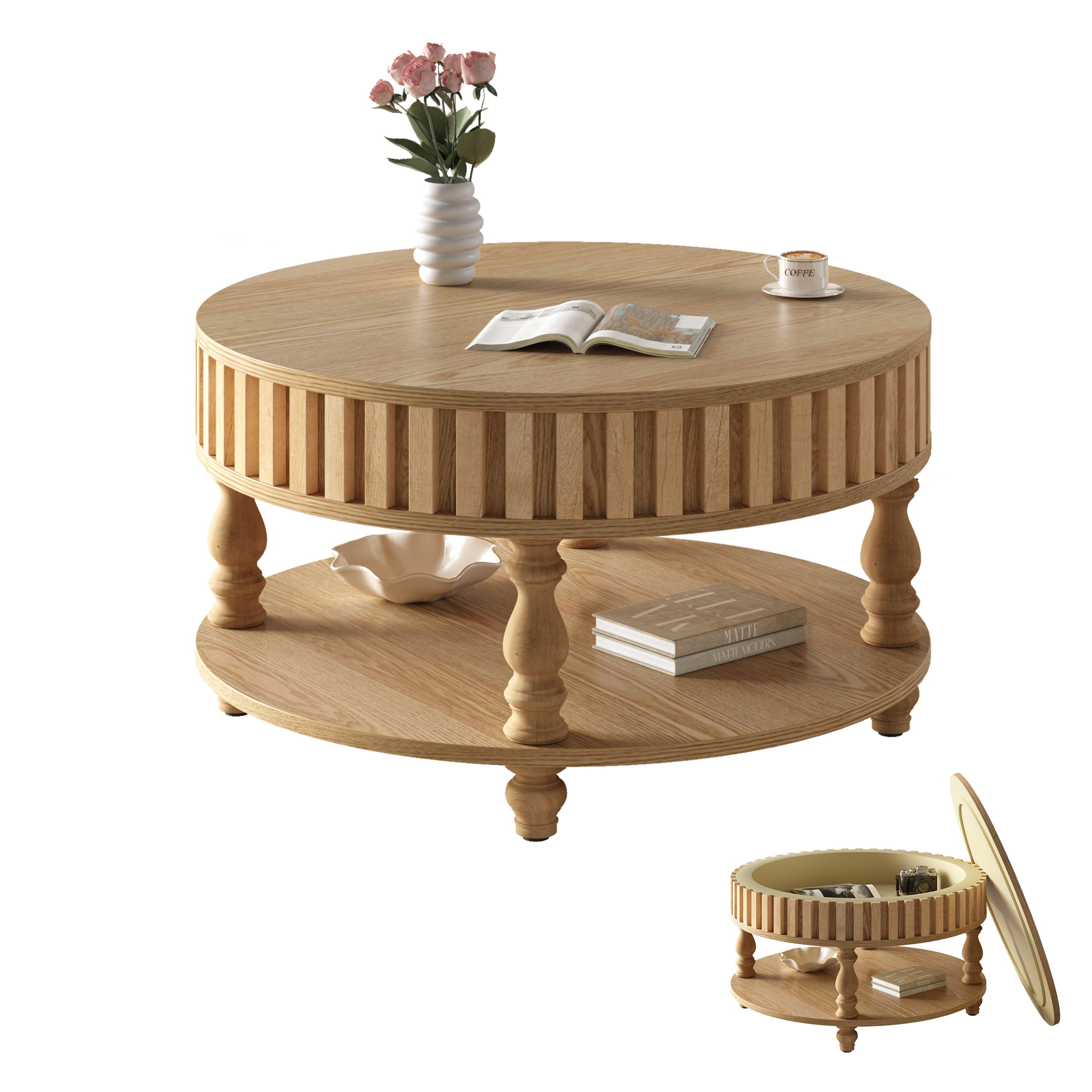 31.5" Farmhouse Coffee Table with Hidden Storage, Round Fluted Coffee Table with Flip-Top Lid & Open Shelf, Rustic Center Table with Solid Wood Legs for Living Room,Natural Wood