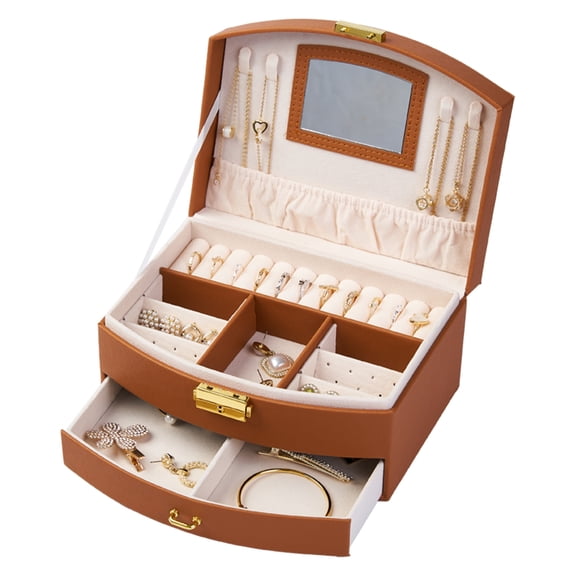 Small PU Leather Jewelry Box with Mirror, 2 Layers Jewellery Organizers and Storage , Lockable Present Case(Brown)