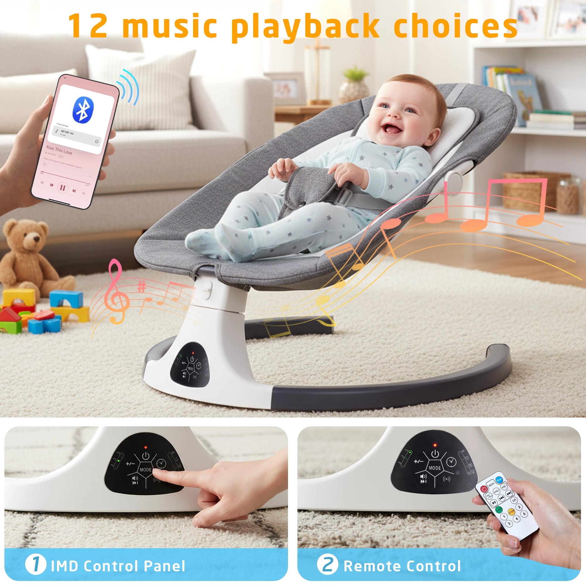 SACVON Baby Swing with Bluetooth Music and Remote Control, 5 Adjustable Settings, Portable, Suitable for Indoor and Outdoor Use,Dark Gray