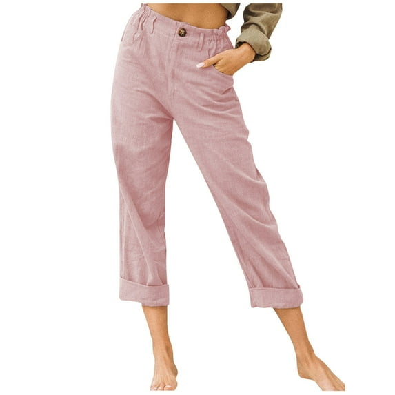 KBKYBUYZ Women Casual Solid Color Pockets Buttons Elastic Waist Comfortable Straight Pants