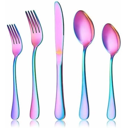 Rainbow Flatware Cutlery Set, 20 Piece Stainless Steel Colorful Silverware Set for 4, Tableware Eating Utensils, Mirror Finish, Dishwasher Safe