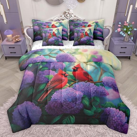 Castle Fairy Female Men Women Animal Red Sparrow Twin Bedding Sets 7-Piece,Chic Purple Floral Flowers Bedding Comforter Set Microfiber,Christmas Xmas Festival Breathable Sheet Sets