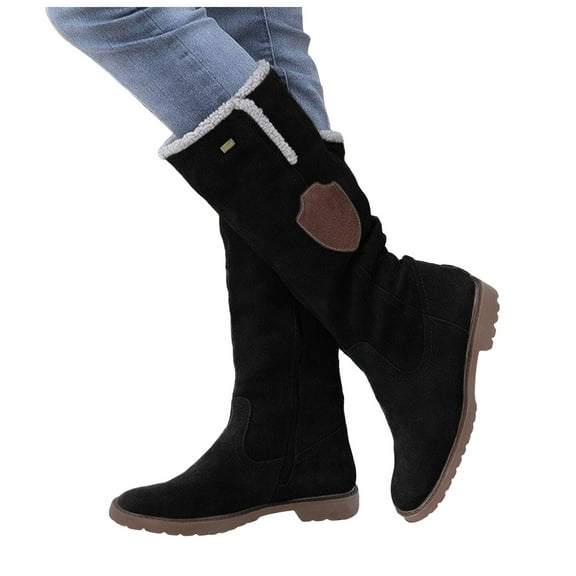 Mid Calf Snow Boots for Women Warm Fuzzy Lined Suede Round Toe Casual Winter Long Booties Zip up Lug Sole Low Heel Trendy Tall Boots