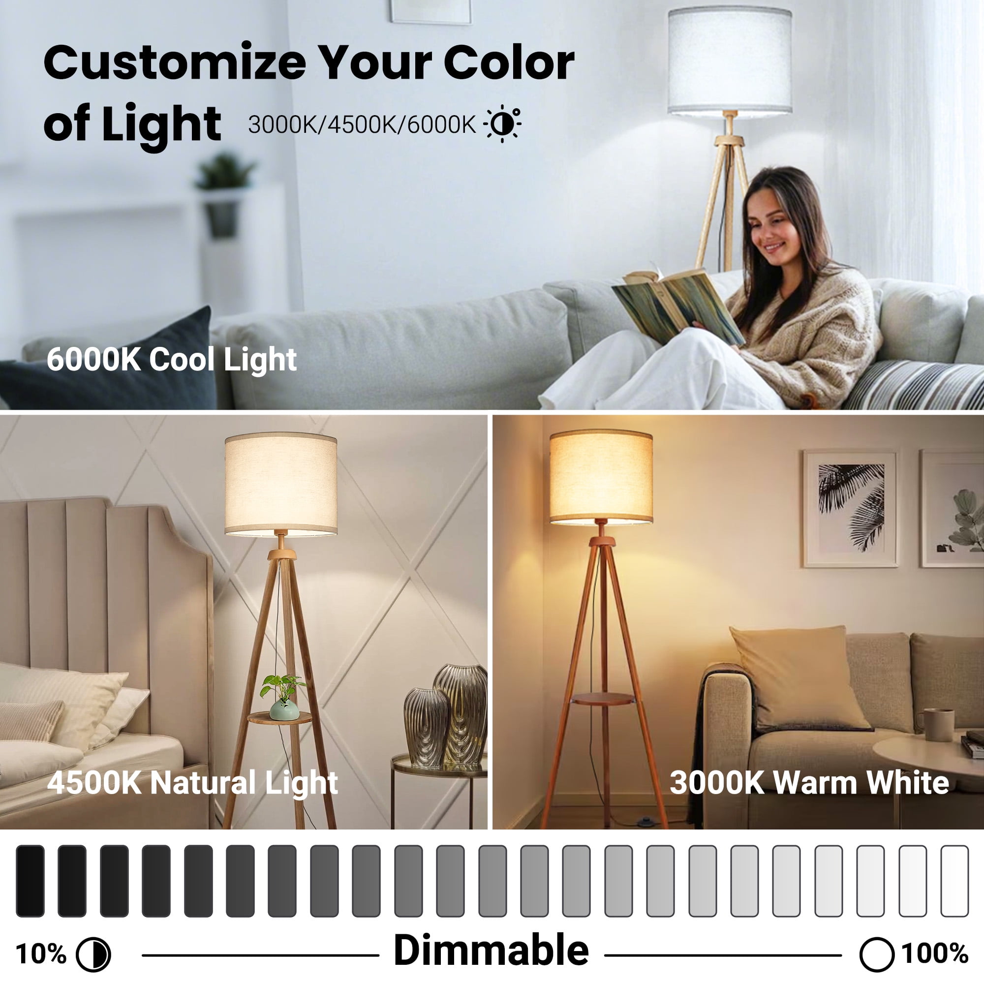 DAYBETTER Floor Lamp for Living Room, 63'' Wood Tripod Floor Lamp with Shelves, 3 Color Temperature, Dimmable, Remote Control Standing Lamp for Living Room, Bedroom, Office, LED Bulbs Included
