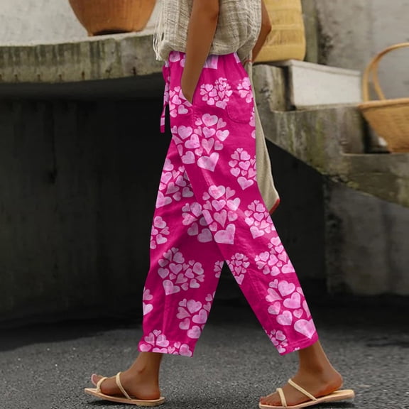 Kixjoy Linen Pants Women Lounge Baggy Valentine's Palazzo Pants Drawstring Elastic Waisted Wide Leg Linen Pant Fashion Soft Spring Trousers Pants, Hot Pink XXL