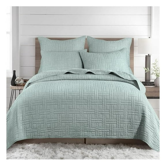 Melange Stitch Quilt Set - King Seafoam - Reversible Polycotton Quilt & Shams King/Cal King Quilt Spa