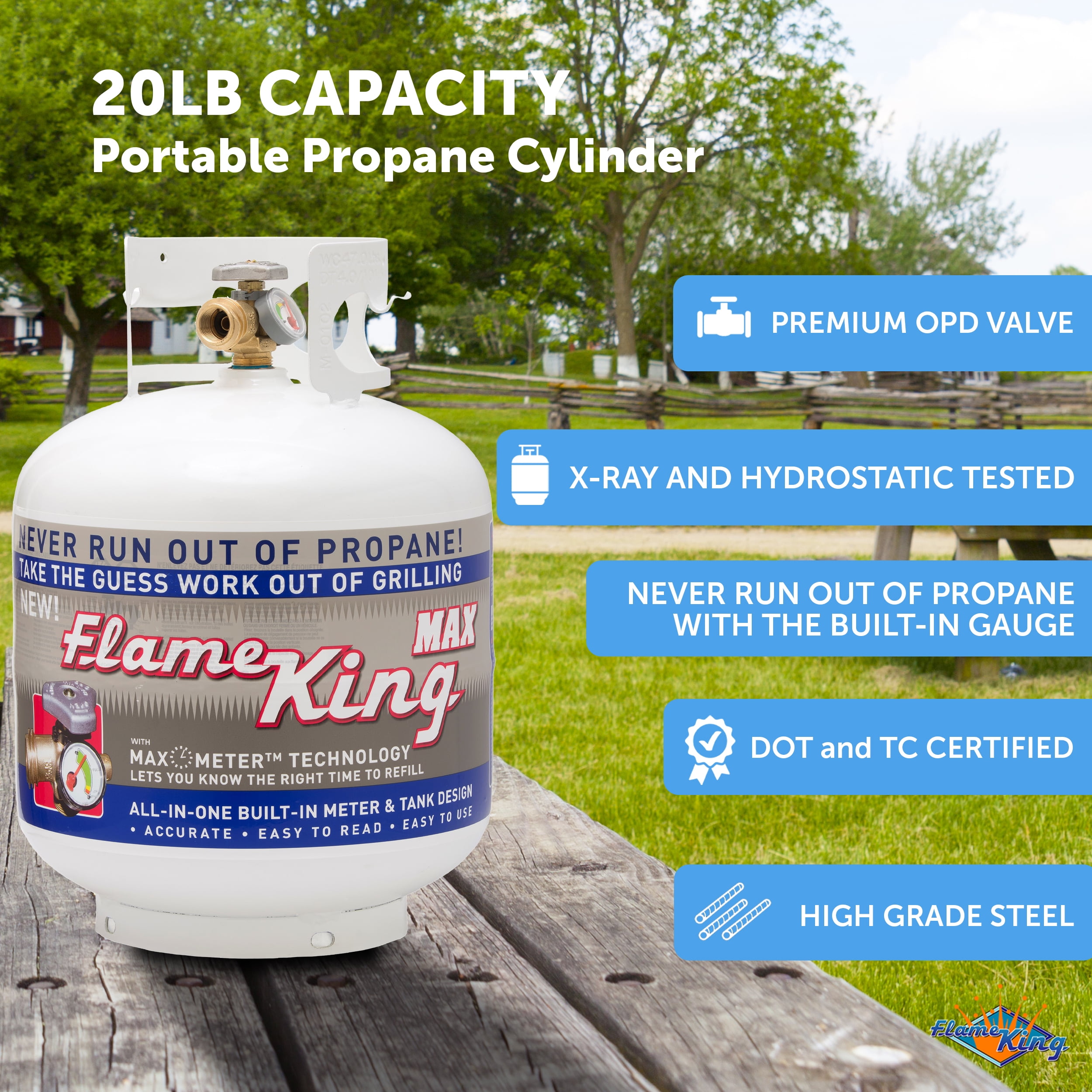 Flame King 20 lb Steel Propane Cylinder Tank with Built-in Gauge, OPD Valve, Pre-Purged, DOT & Transport Canada Certified, Empty LP Gas Tank