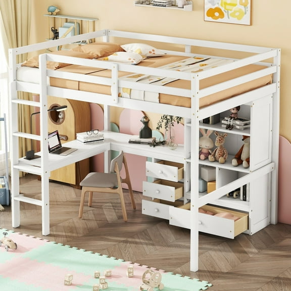Full Size Loft Wood Bed with Desk, Storage Shelves and Drawers, Bed Frame with Guardrails and Built-in Ladder, Bedframe for Bedroom, White