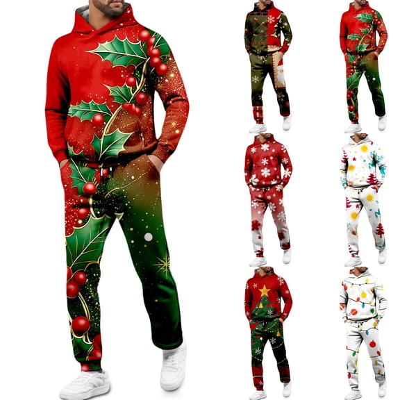 yuCgh Men's Christmas Two-Piece Hooded Sweatshirt and Jogging Pants Sports Set, Festive Design for Holiday Athletic Wear, Comfortable for Gym, Lounge and Outdoor Activities,Army Green L