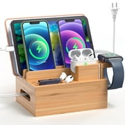 Charging Station for Multiple Device, Bamboo Charging Dock with 5-Port USB Charger and 6 Cables and 2-in-1 Smart Watch and Earbuds Stand Pezin & Hulin