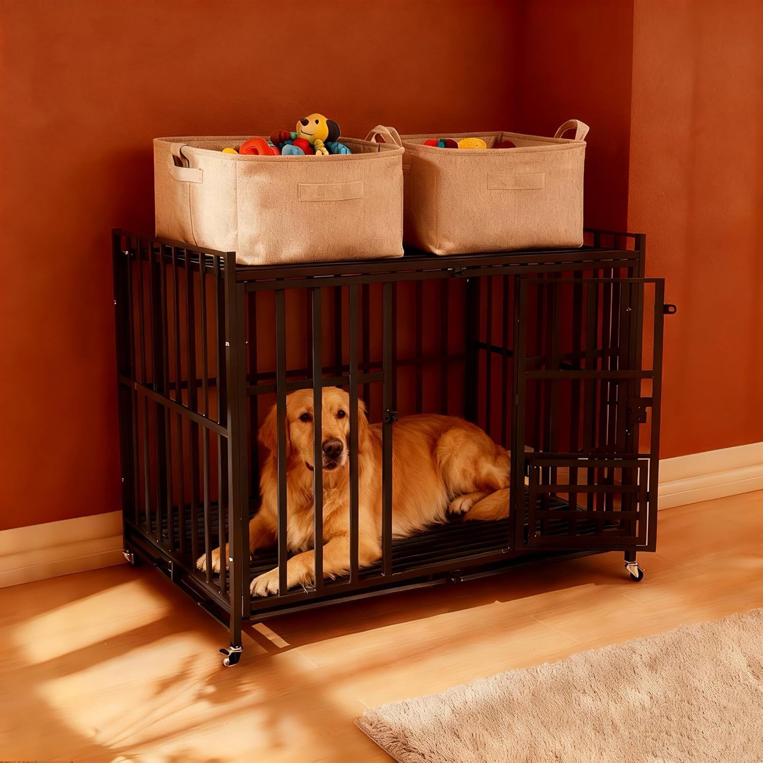 49/48/43/42Inch Heavy Duty Indestructible Dog Crate for Large Dogs,Escape-Proof Steel Kennel for Large Dogs,3Door Design with Lockable Wheels,Extra Large XXL Dog Cage with Removable Tray (43)